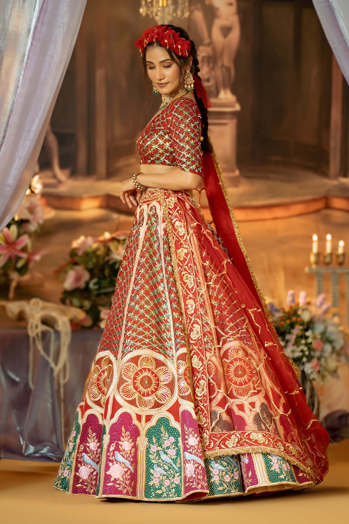 our stunning raw silk red lehenga