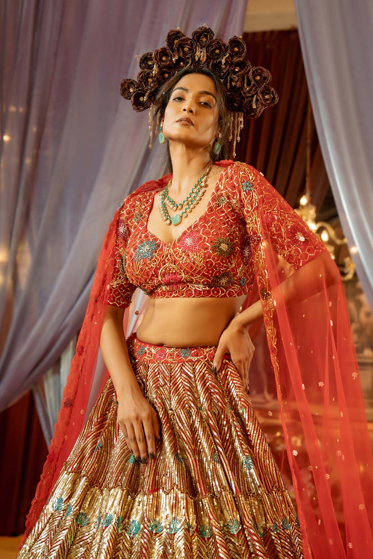 our red tulle lehenga