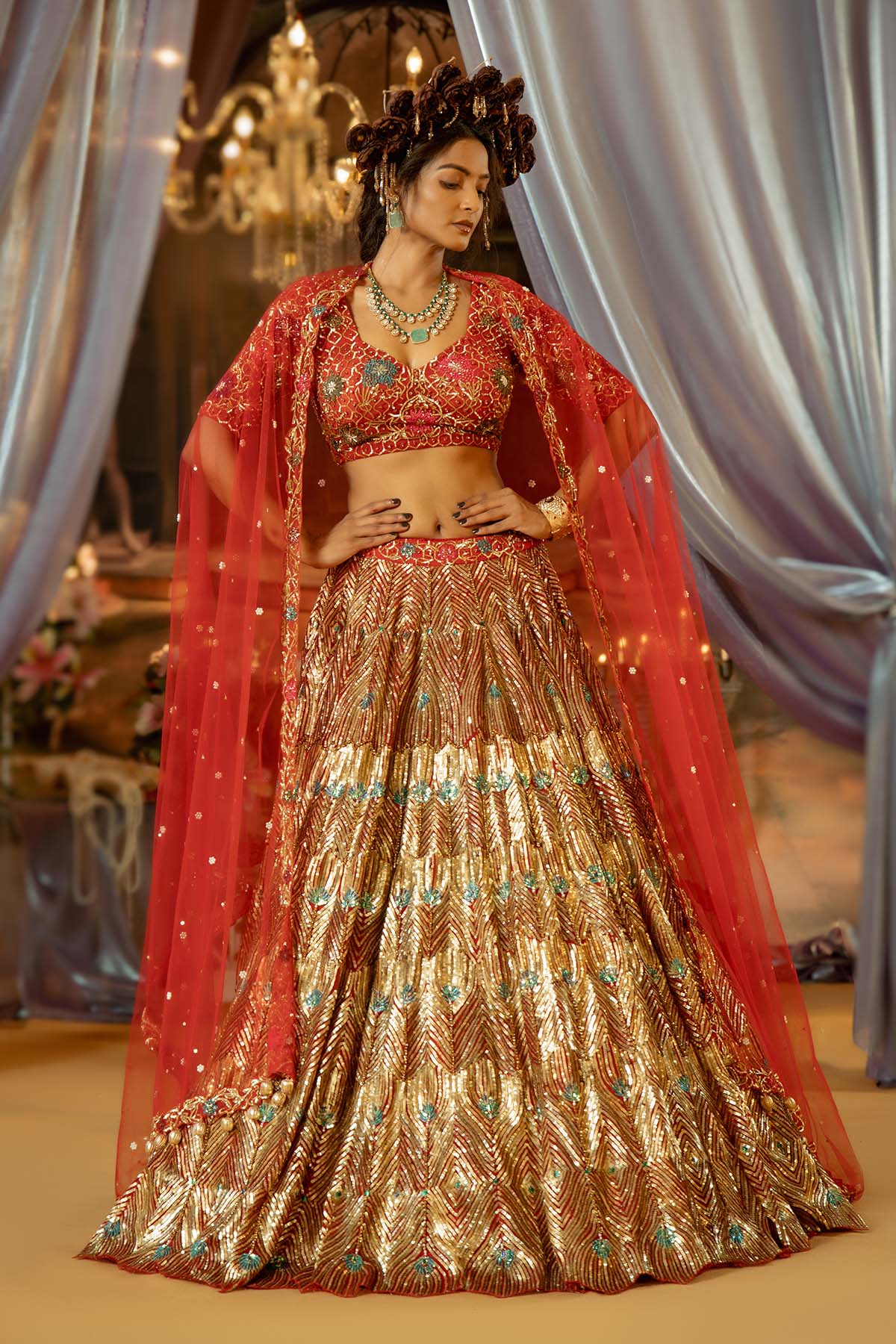 our red tulle lehenga