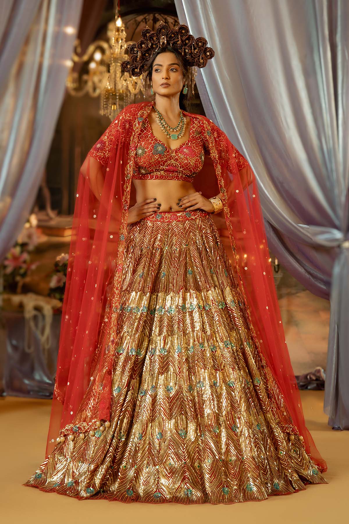 our red tulle lehenga