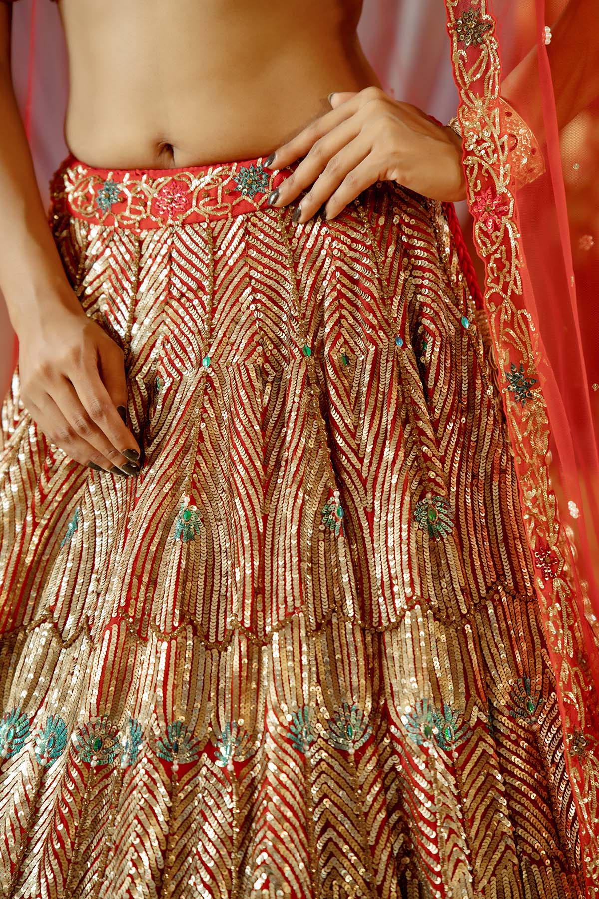 our red tulle lehenga