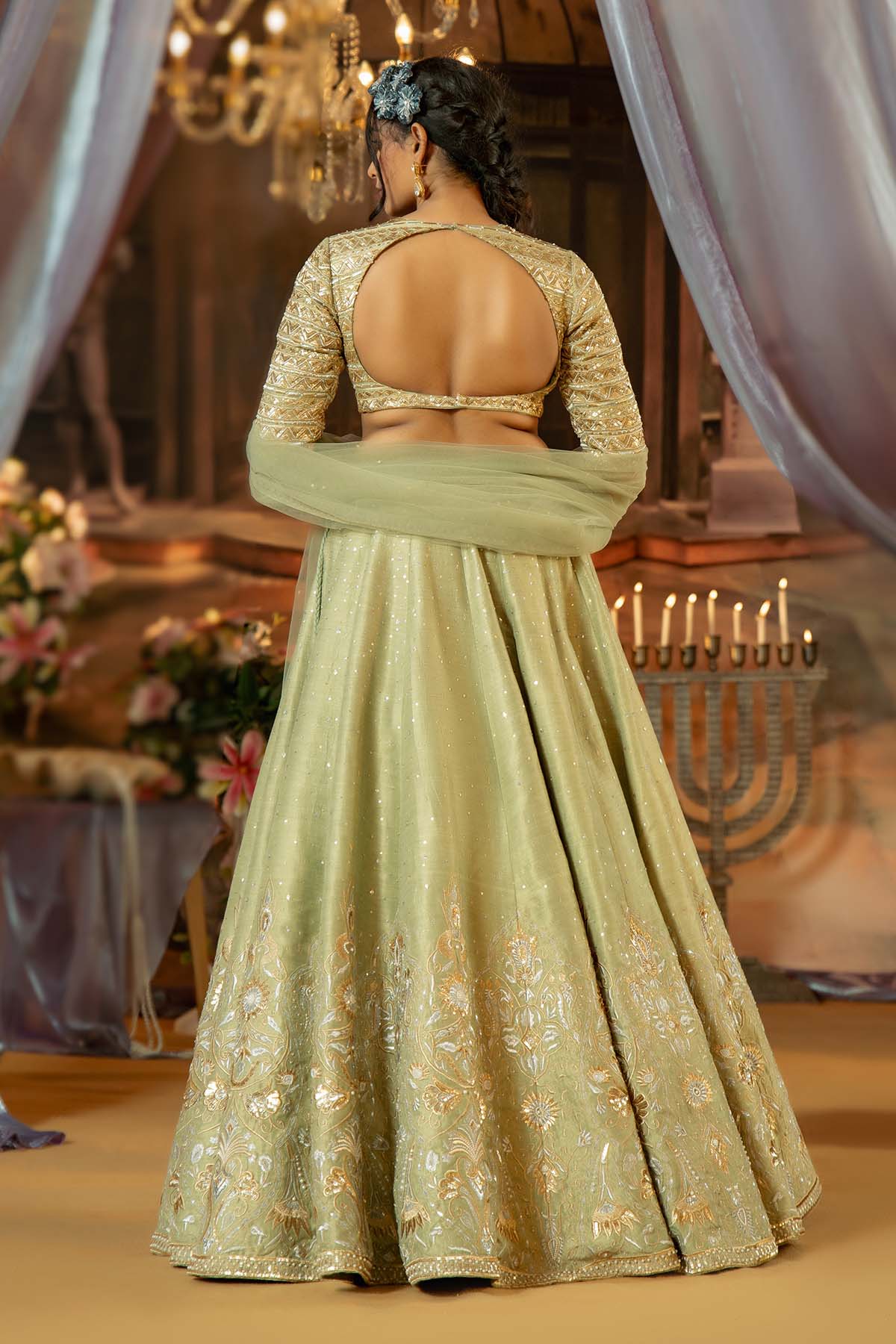 A pista green kasab silk lehenga