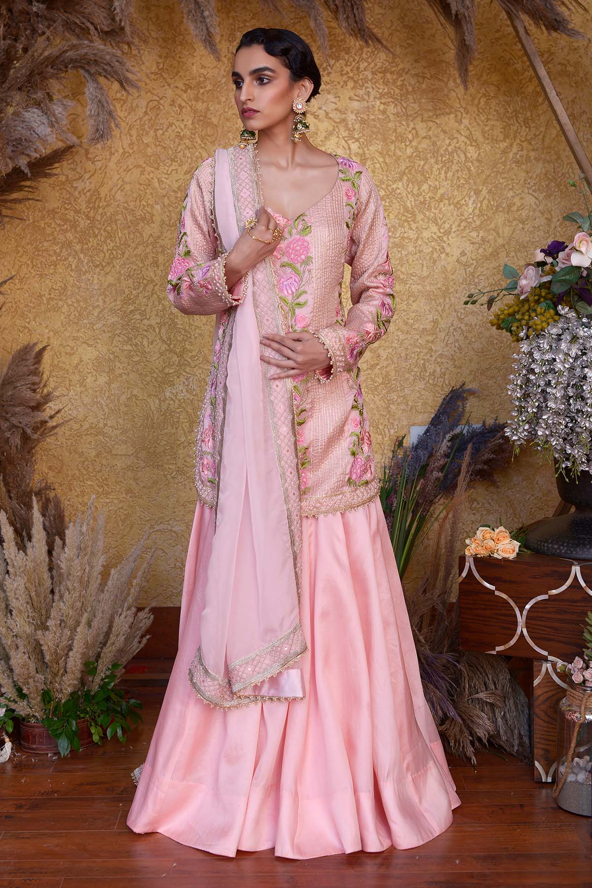 Lush Pink Silk Organza Gharara Set.