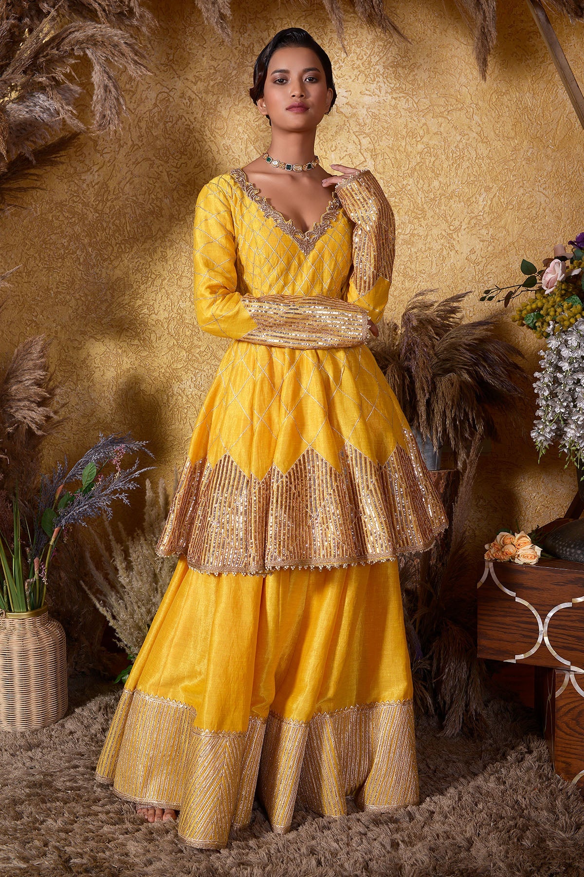 Yellow Kasab Silk Gotta Peplum Sharara Set.