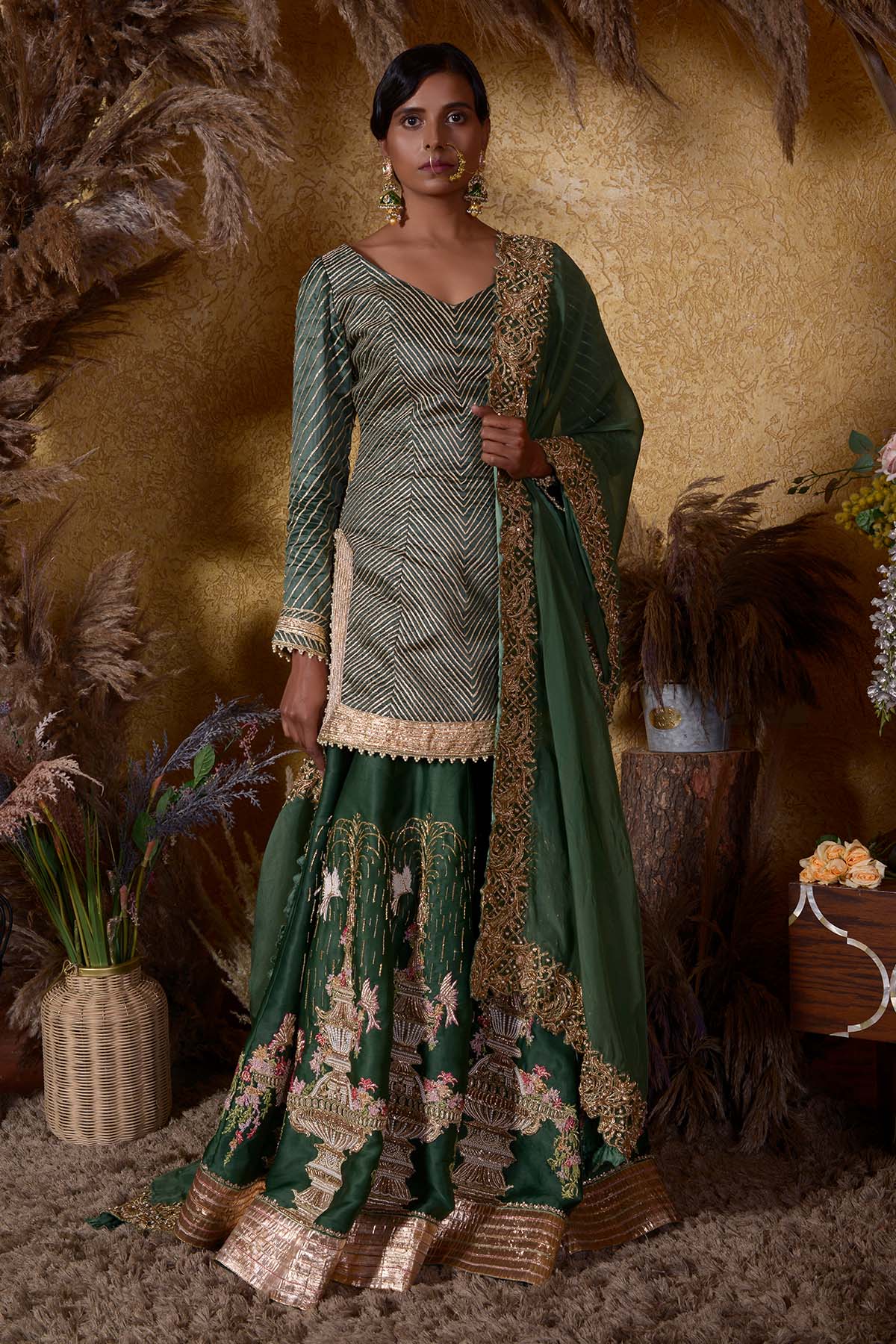 Earthy Shade Of Green Fountain Kurti Sharara