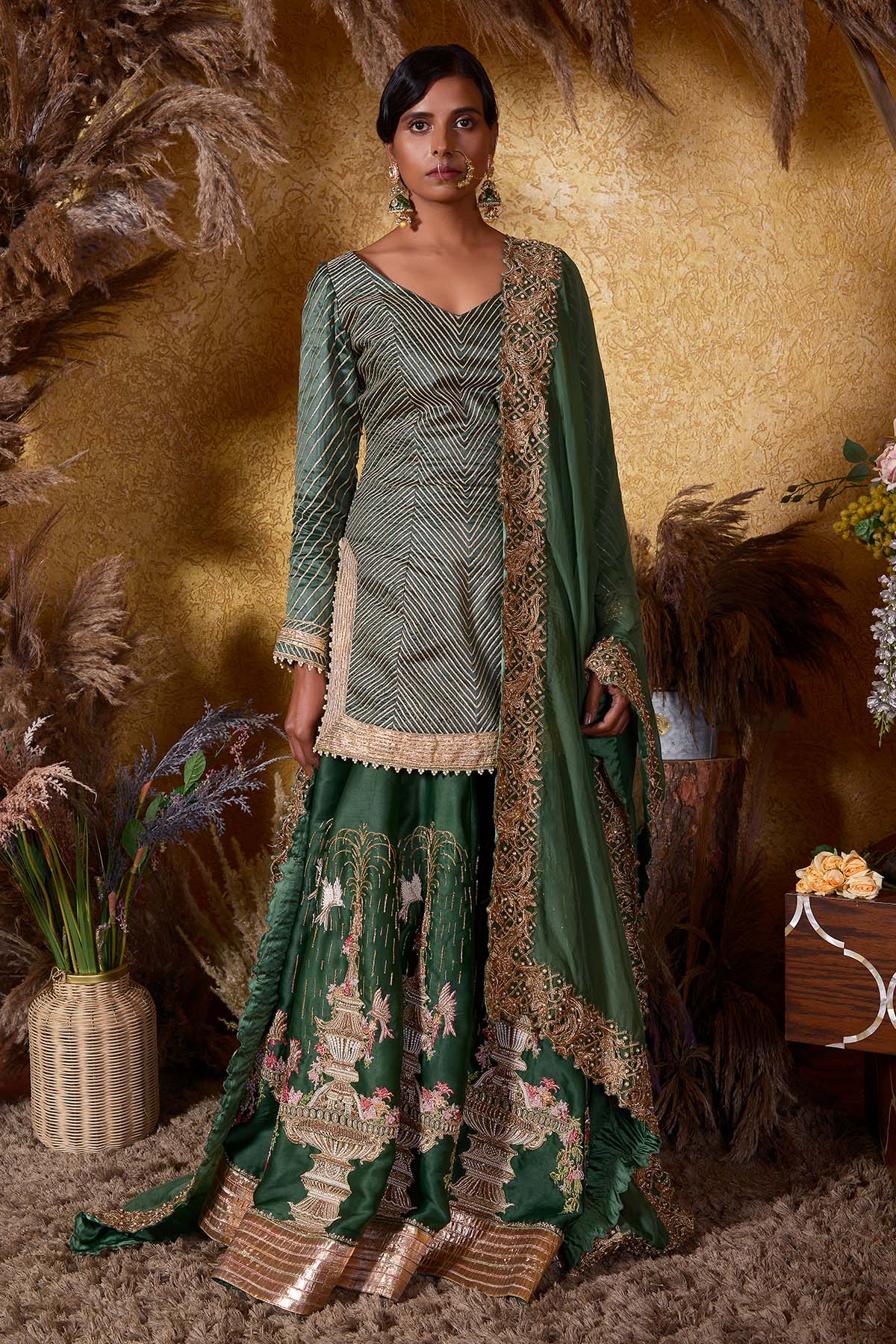 Earthy Shade Of Green Fountain Kurti Sharara