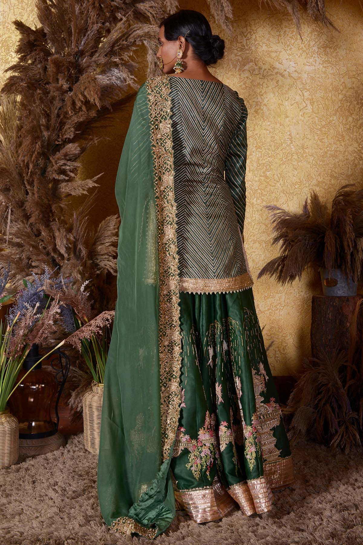 Earthy Shade Of Green Fountain Kurti Sharara