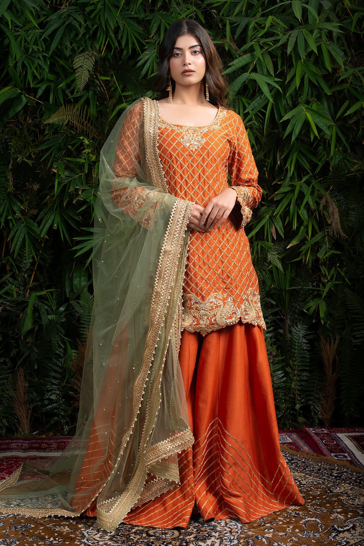 Rust Orange Chanderi Silk Kurta Sharara Set.