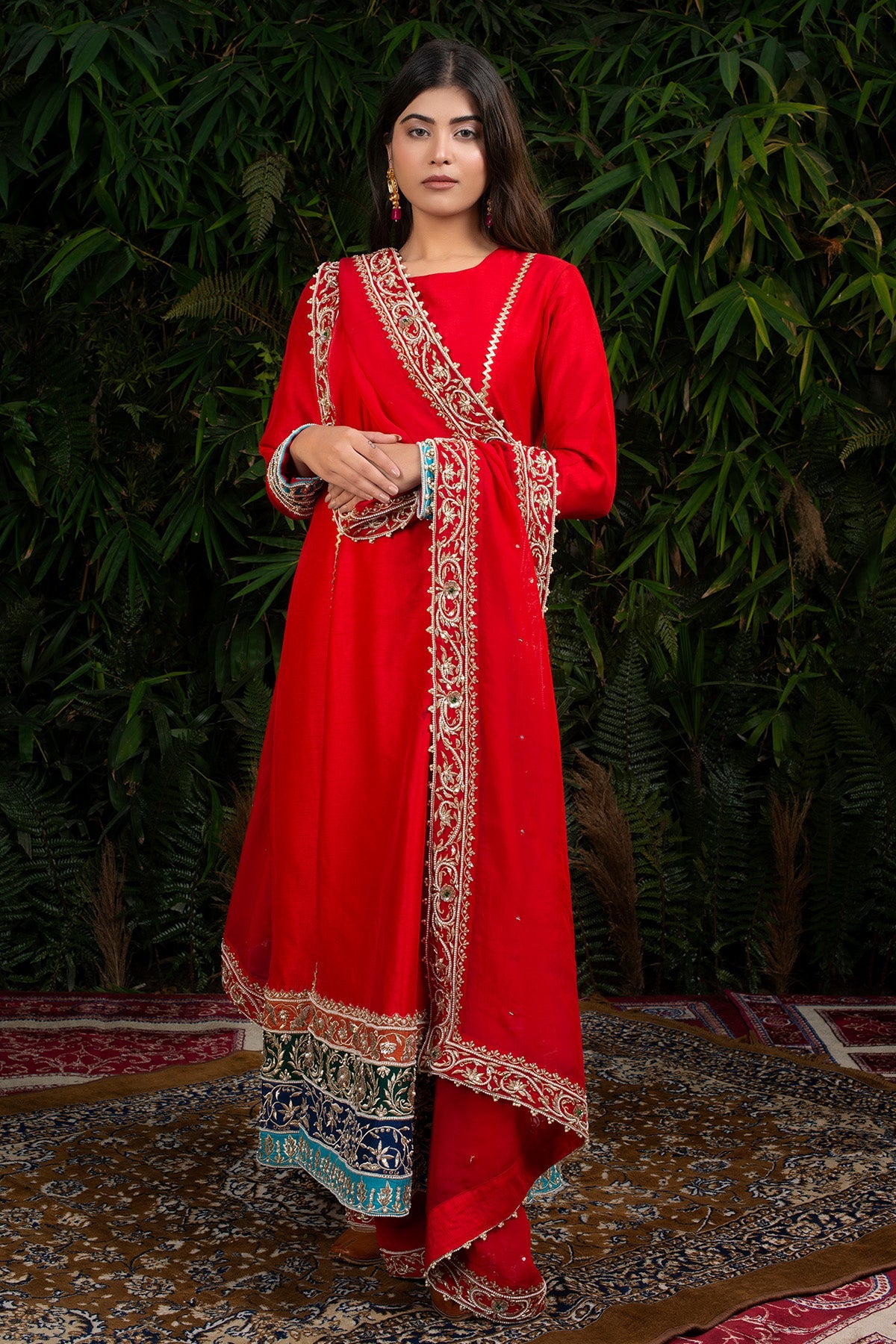 Red Raw Silk A-line Suit