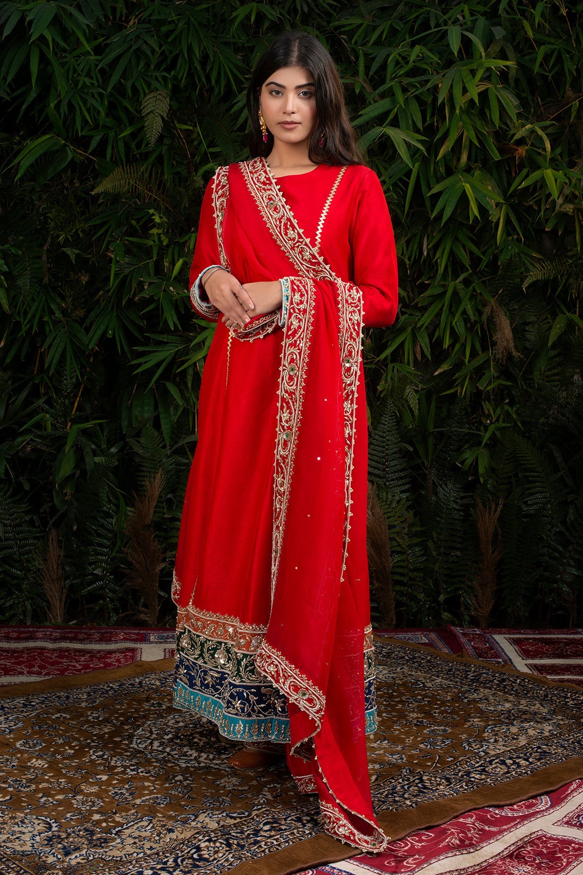 Red Raw Silk A-line Suit