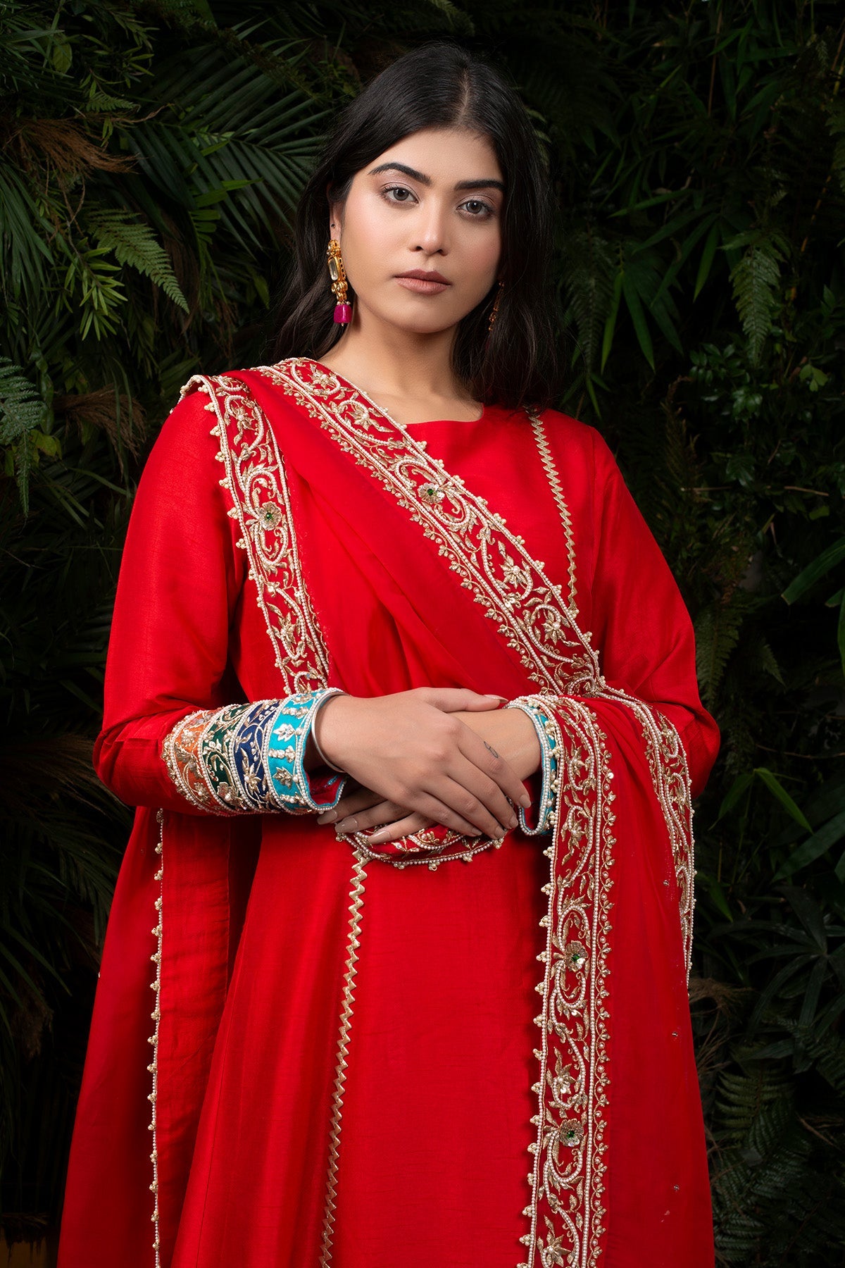 Red Raw Silk A-line Suit