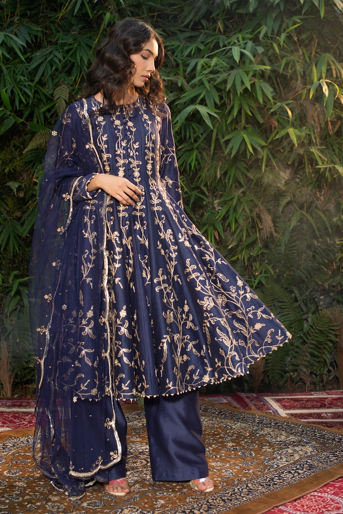 Navy Blue Silk Chanderi Short Anarkali