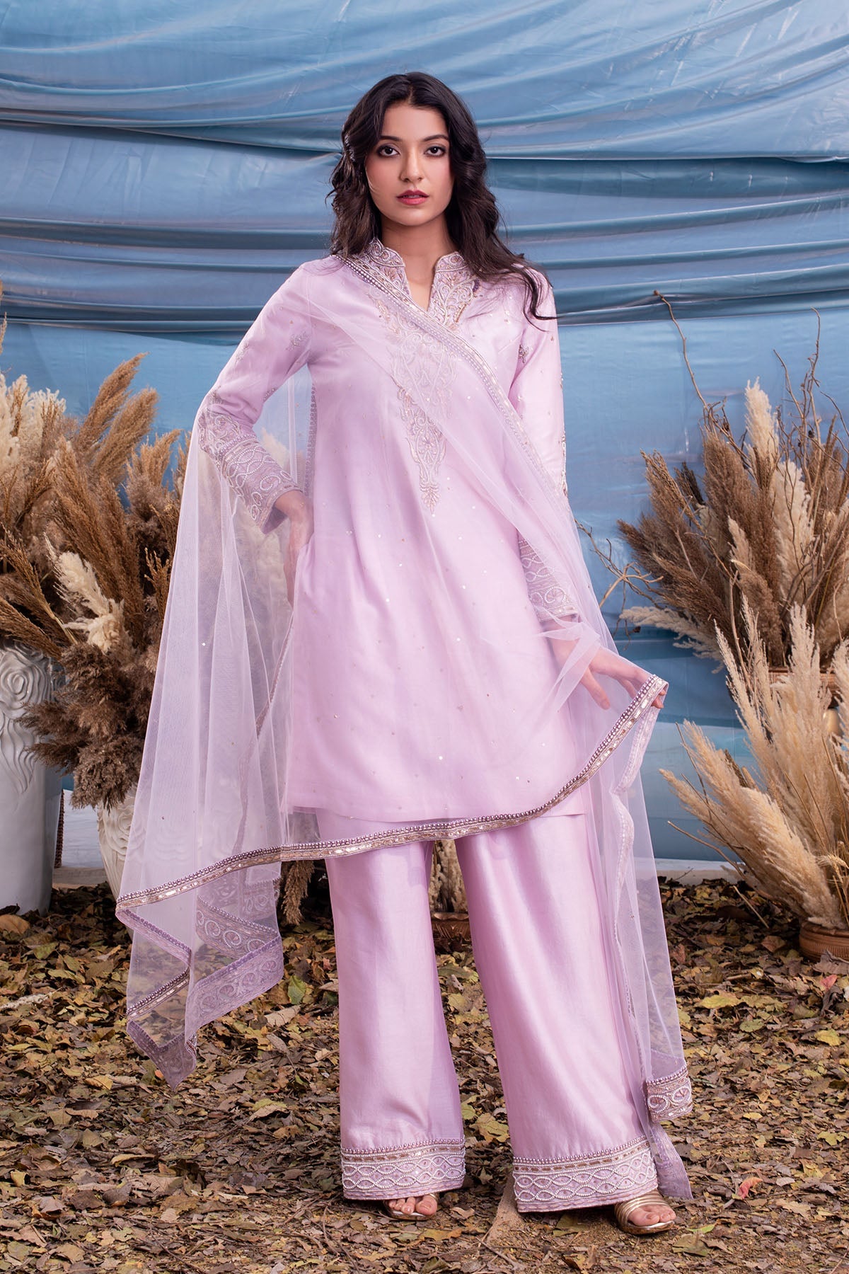 Lilac Chanderi Kurti Set