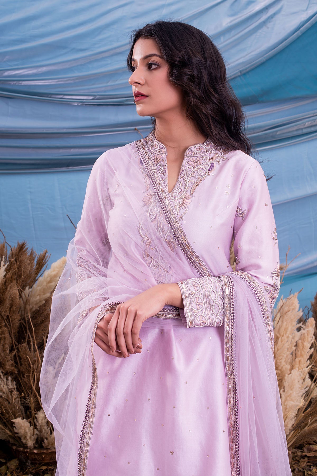 Lilac Chanderi Kurti Set