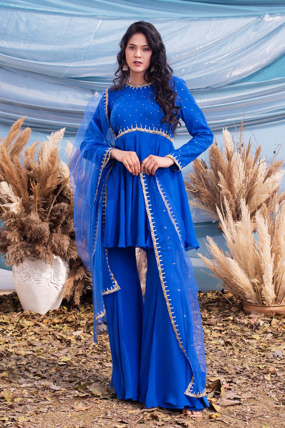 our Royal Blue georgette Peplum with gharara