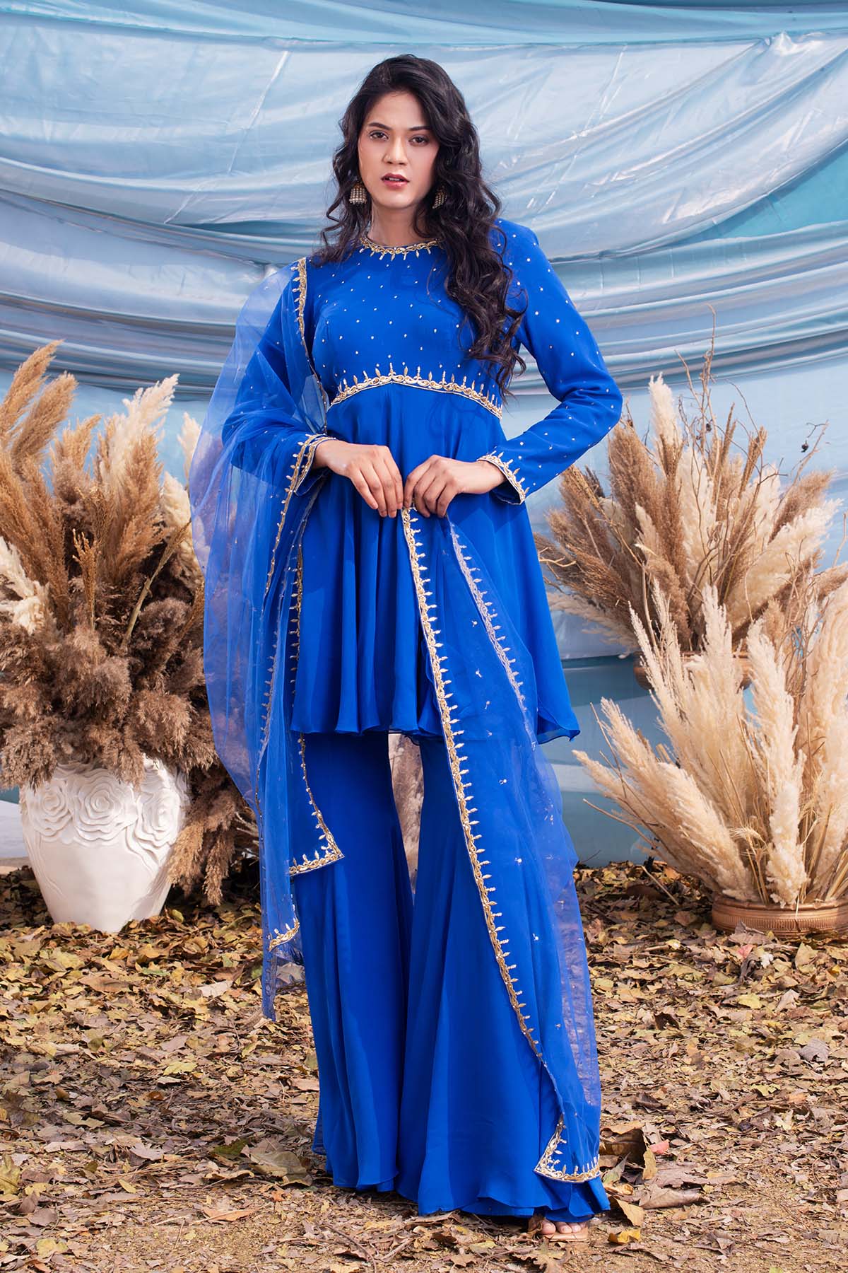 our Royal Blue georgette Peplum with gharara