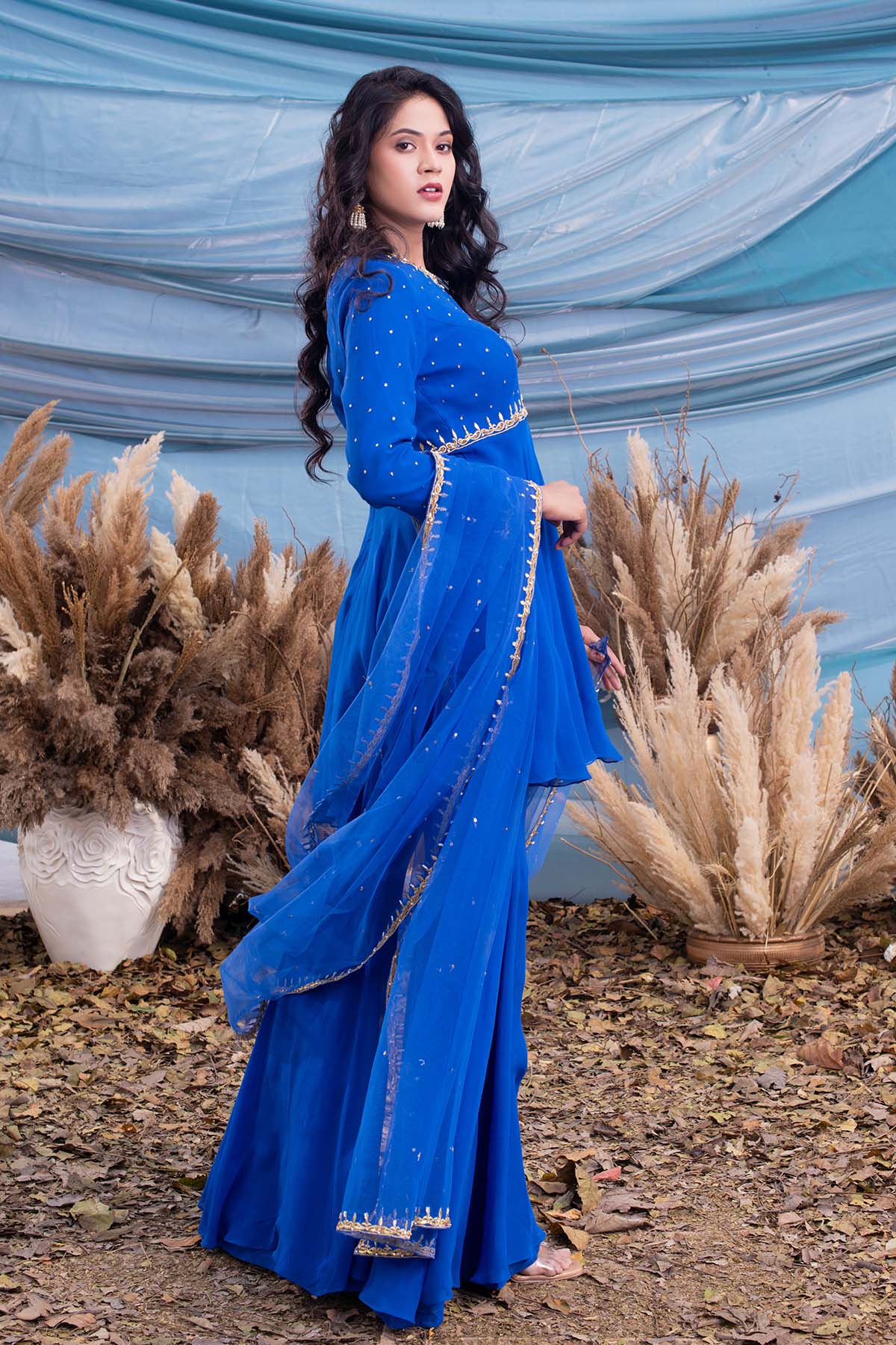 our Royal Blue georgette Peplum with gharara