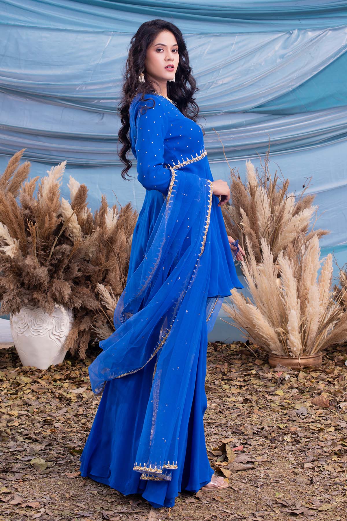 our Royal Blue georgette Peplum with gharara