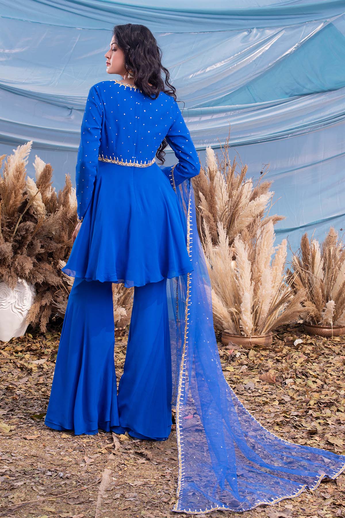 our Royal Blue georgette Peplum with gharara