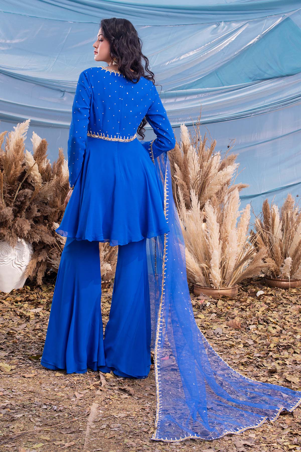 our Royal Blue georgette Peplum with gharara