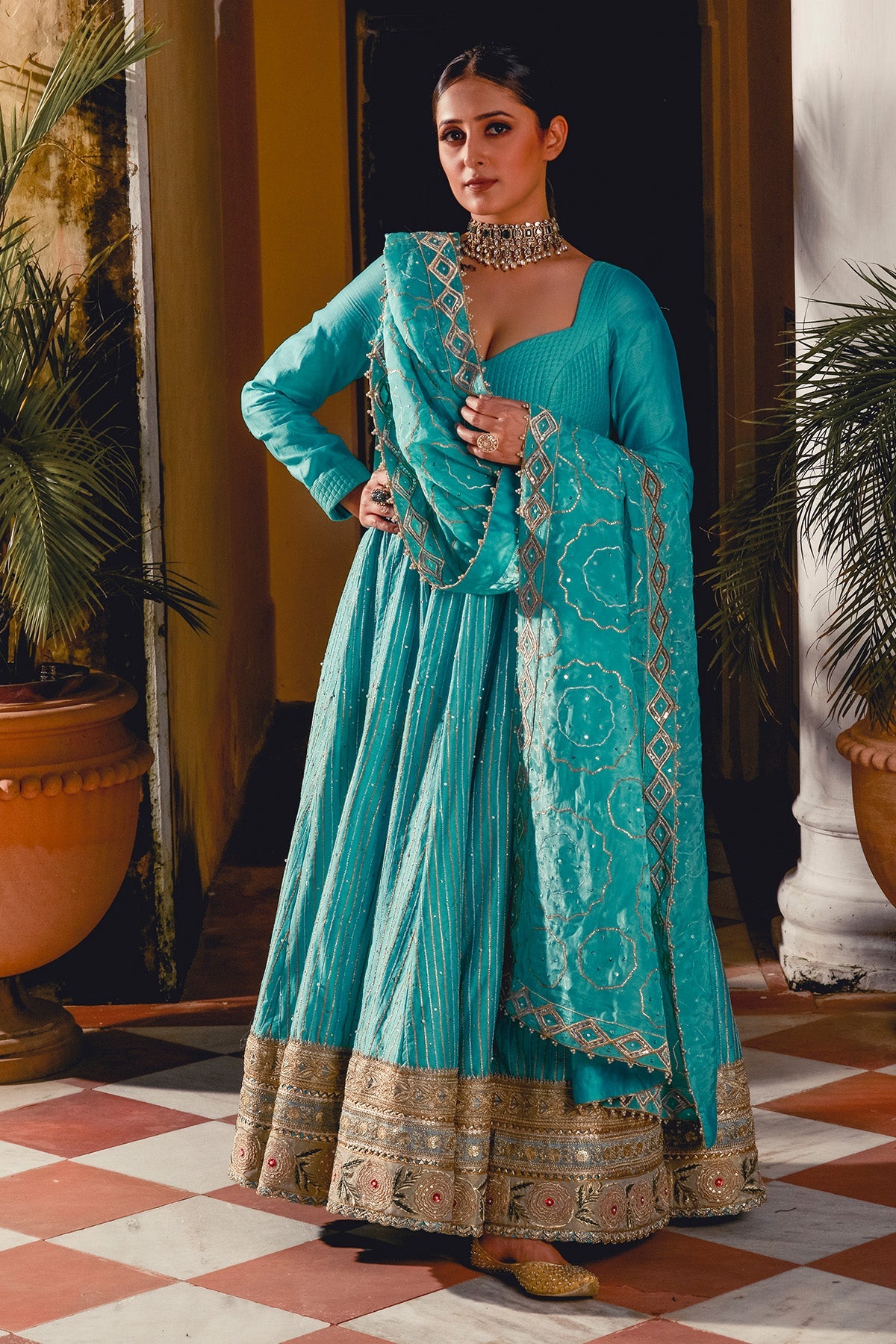 A Firozi Chanderi Silk Anarkali