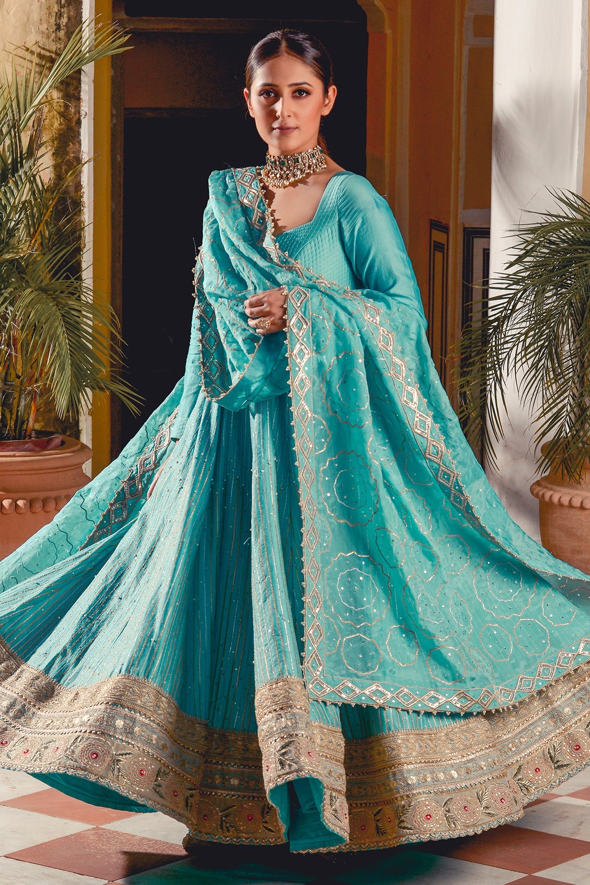 A Firozi Chanderi Silk Anarkali