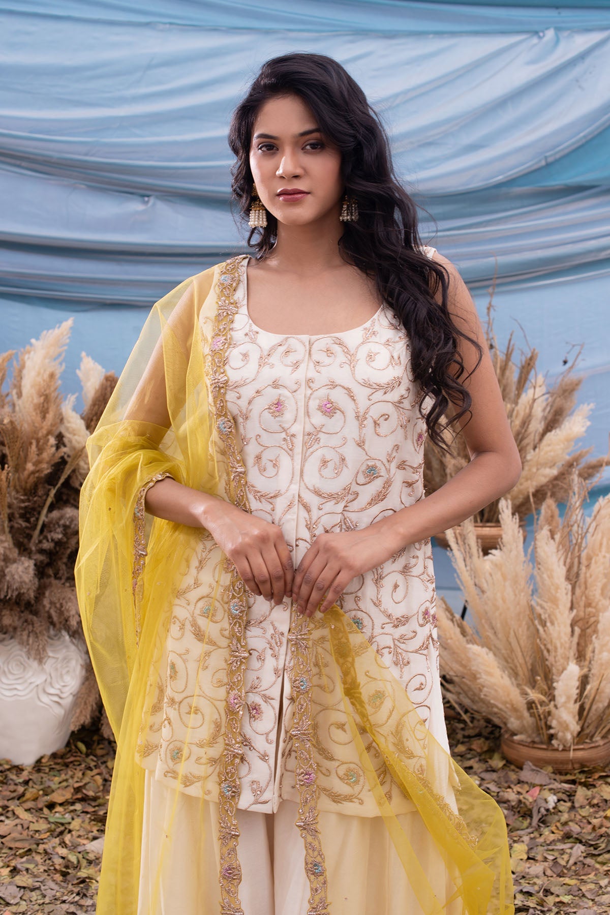 Ivory Chanderi Kurti & Sharara With Yellow Tulle Dupatta