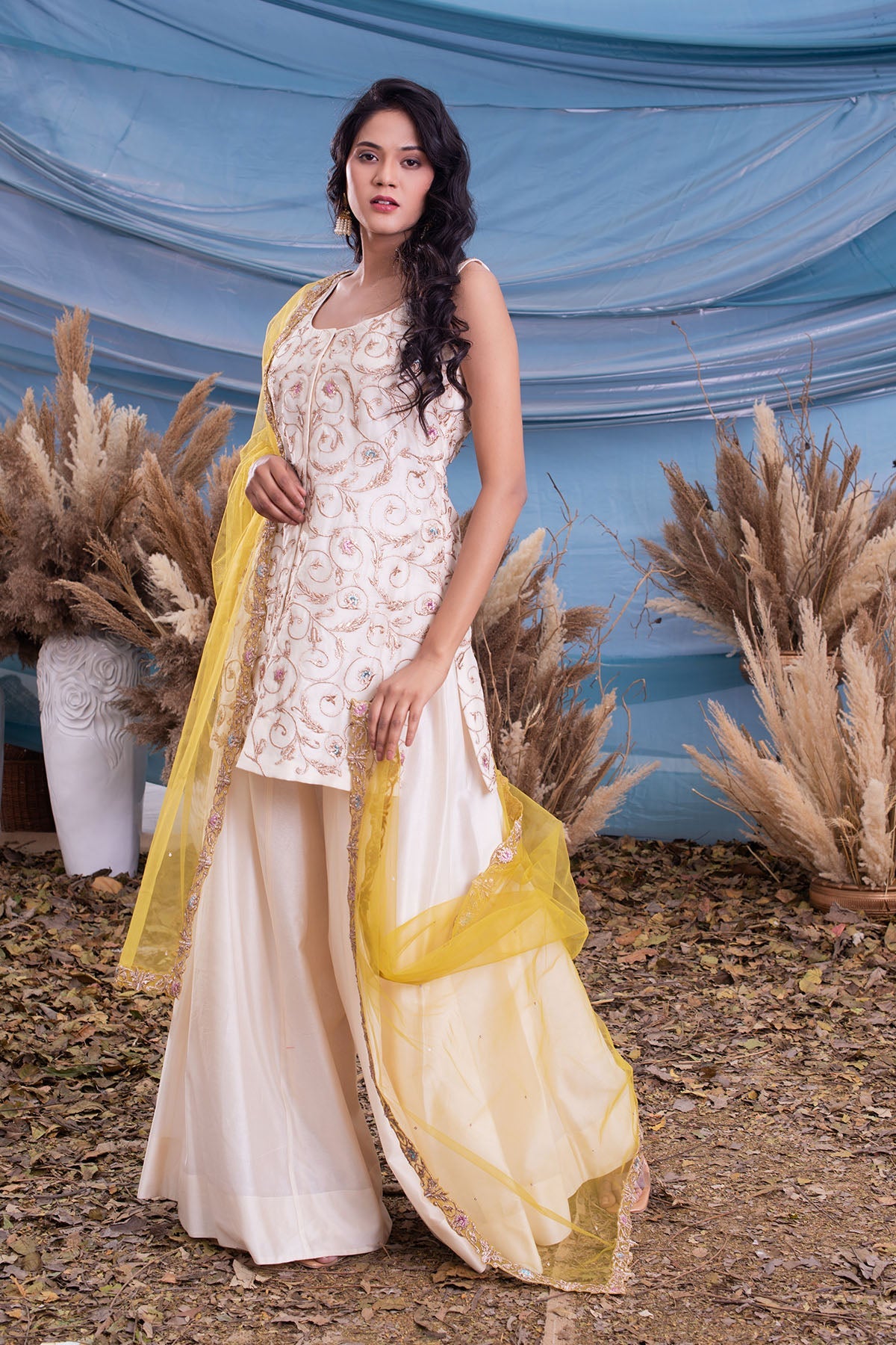 Ivory Chanderi Kurti & Sharara With Yellow Tulle Dupatta