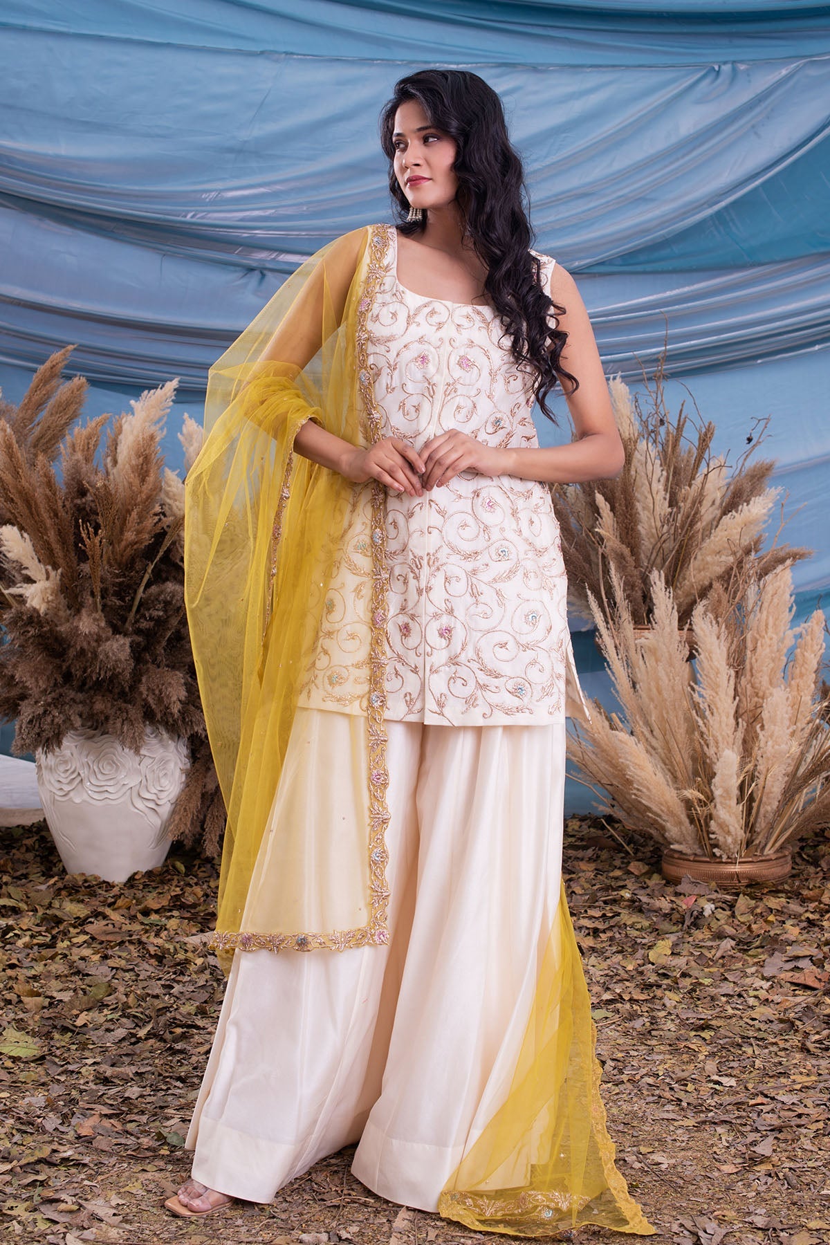 Ivory Chanderi Kurti & Sharara With Yellow Tulle Dupatta