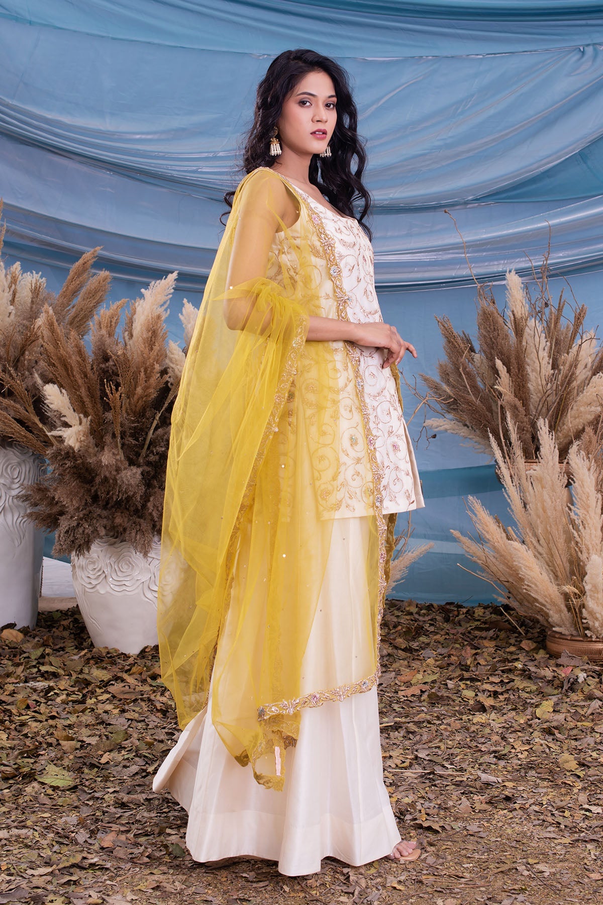 Ivory Chanderi Kurti & Sharara With Yellow Tulle Dupatta