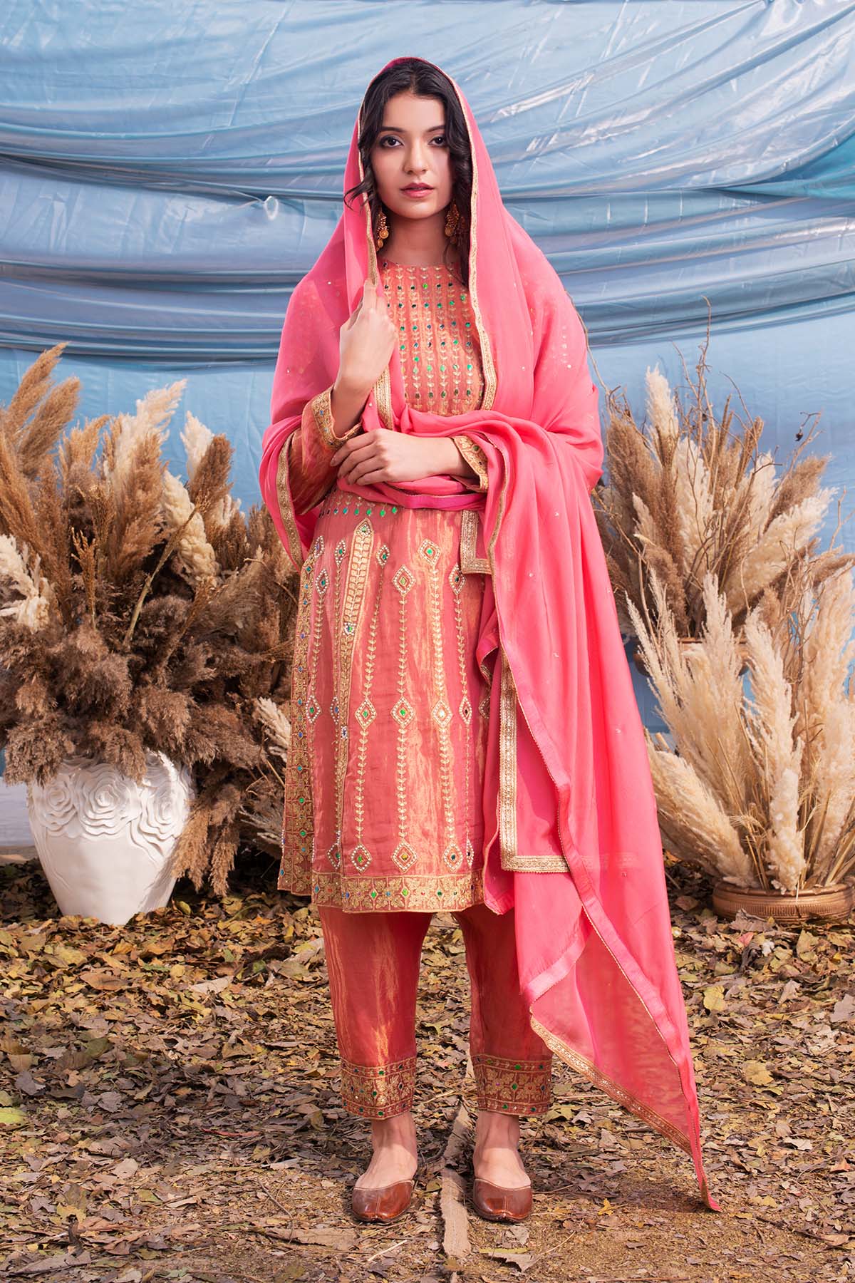 our Coral Pink Silk Tissue Kurti and Salwar