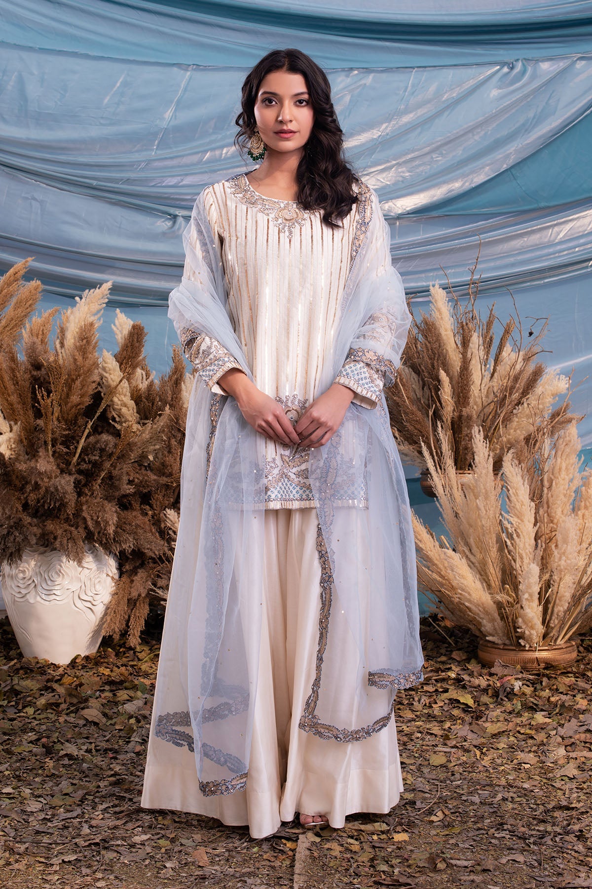 Ivory Chanderi Kurti & Sharara With Powder Blue Tulle Dupatta