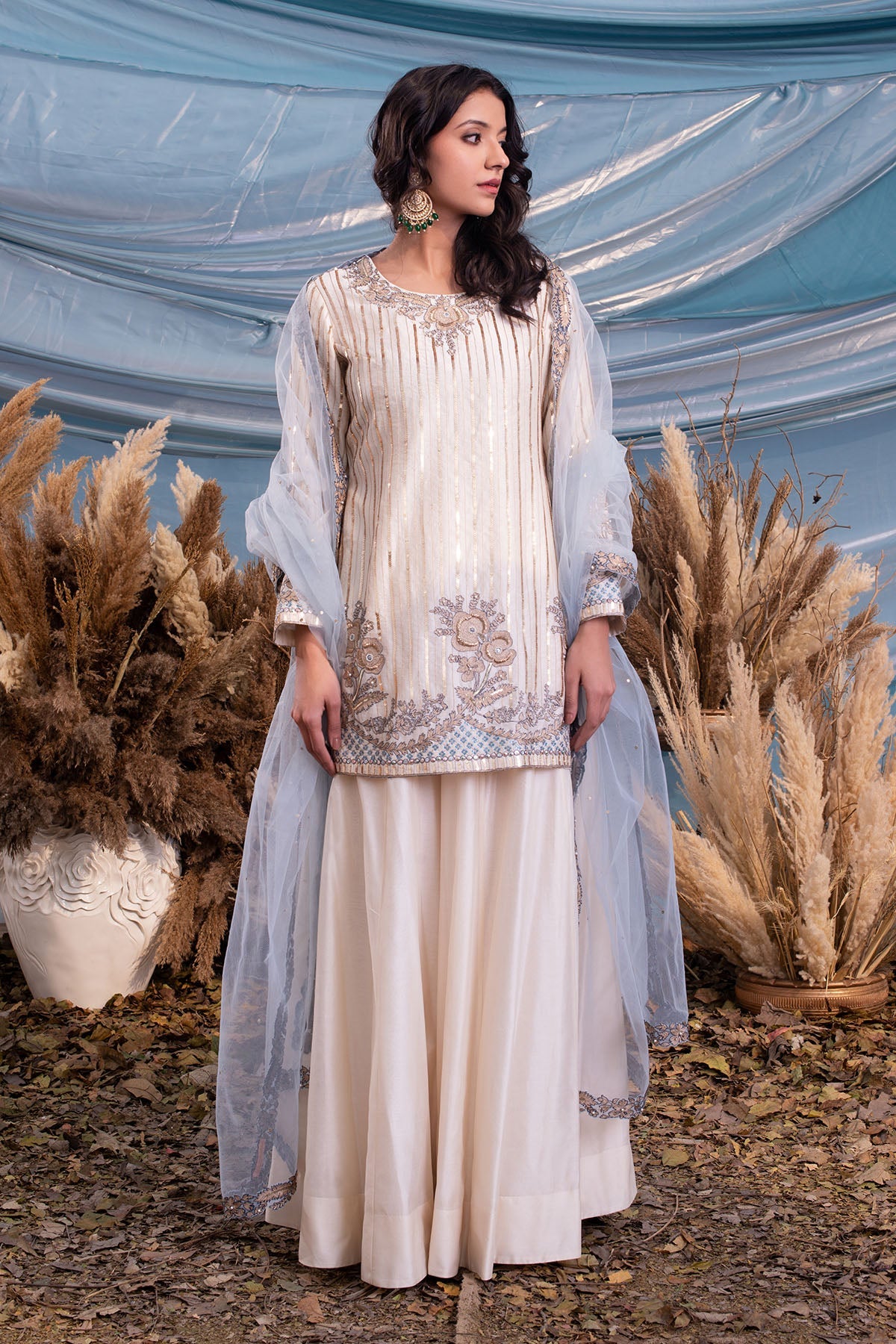 Ivory Chanderi Kurti & Sharara With Powder Blue Tulle Dupatta