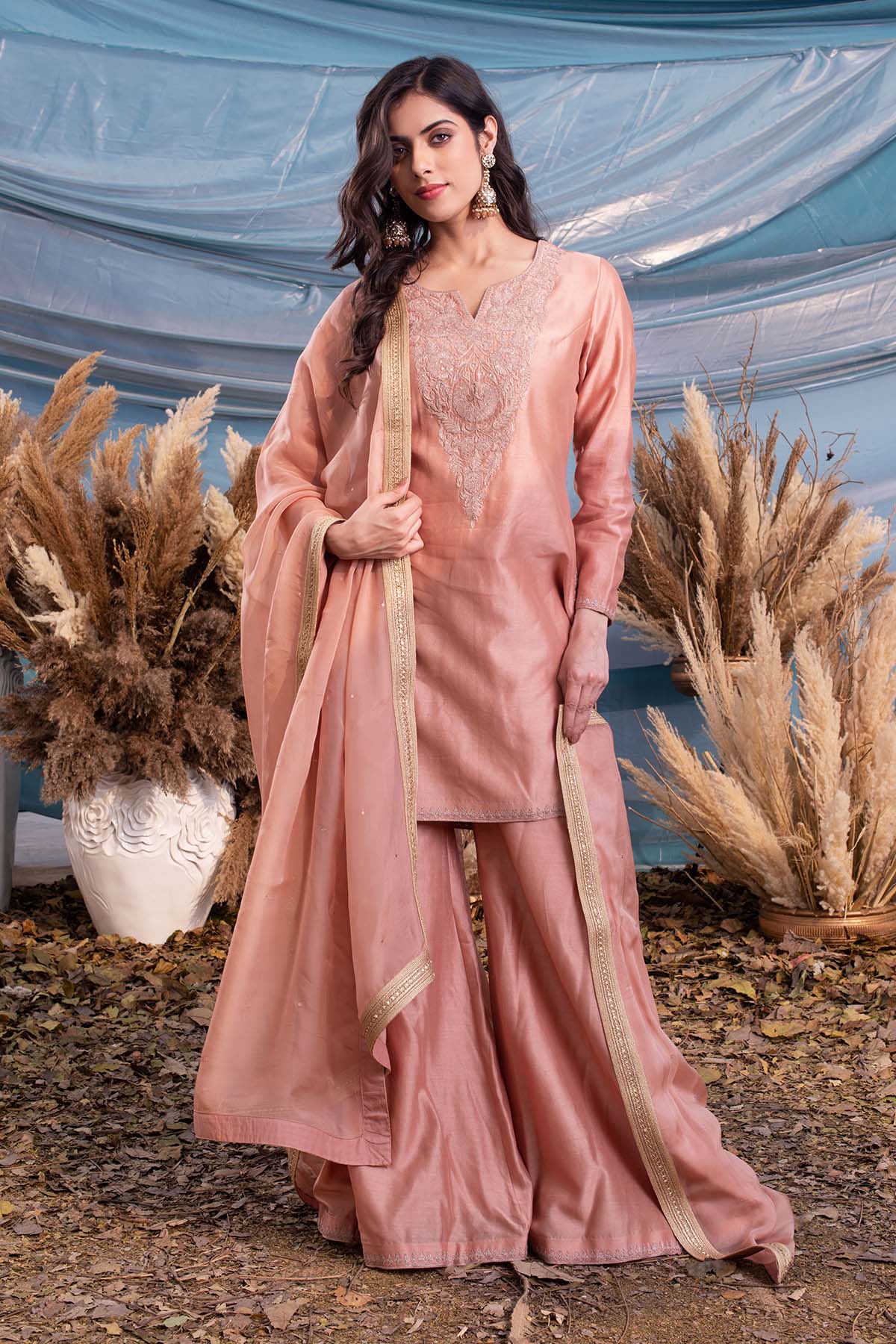 dusty pink Chanderi kurti pants set