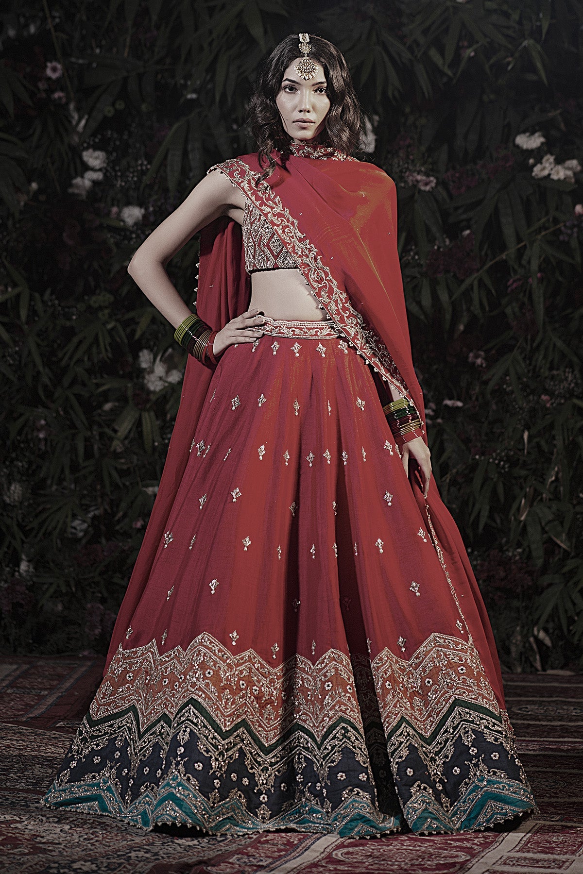 A Red Raw Silk Multicoloured Border Lehenga