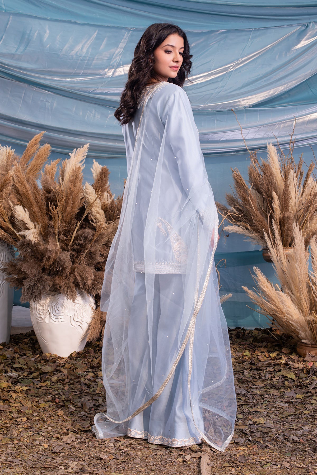 Blueberry White Chanderi Kurti And Pants