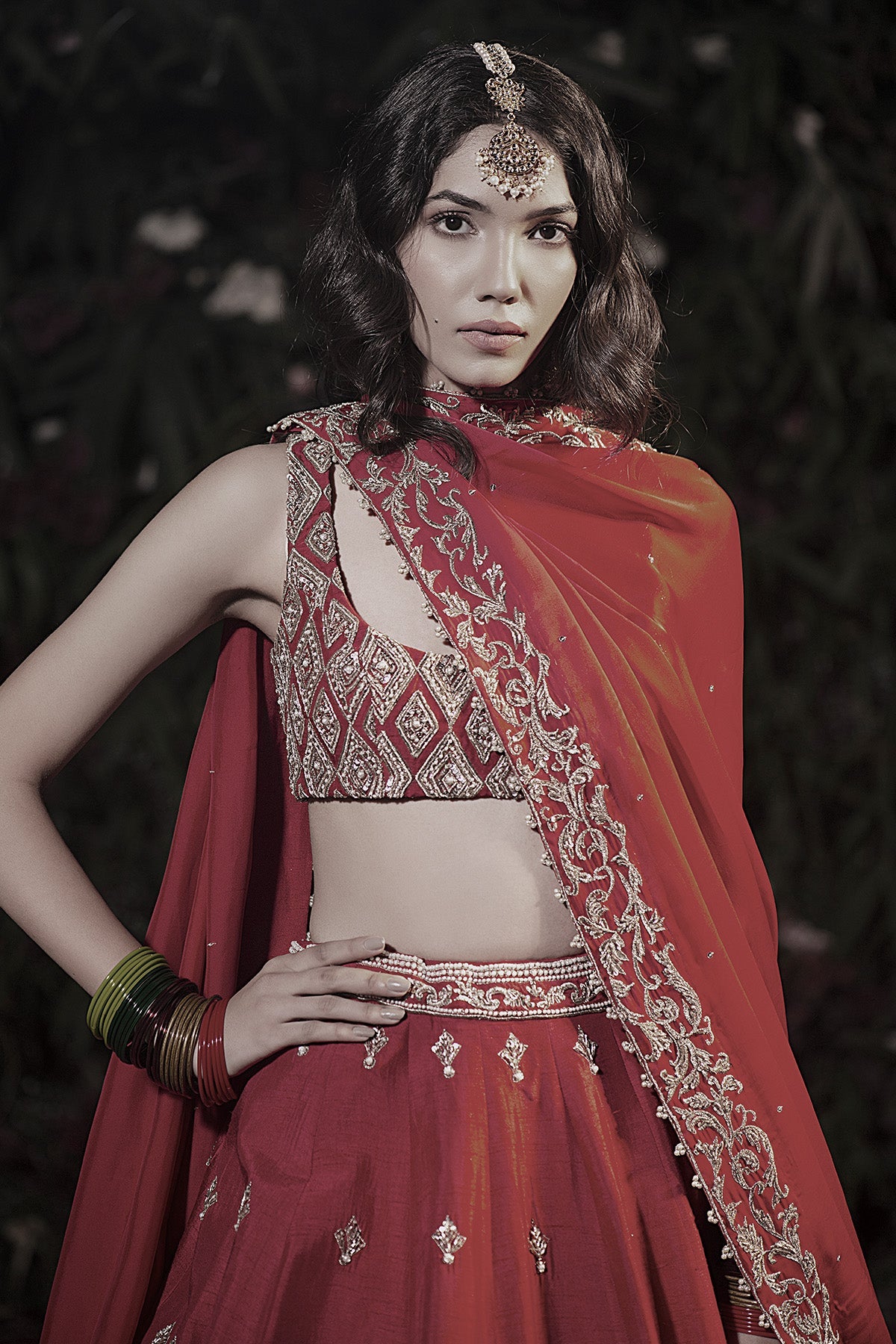 A Red Raw Silk Multicoloured Border Lehenga