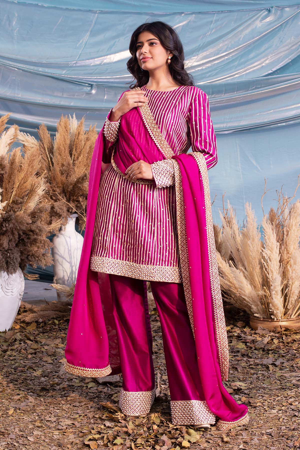 our exquisite Ruby-colored Chanderi kurti set