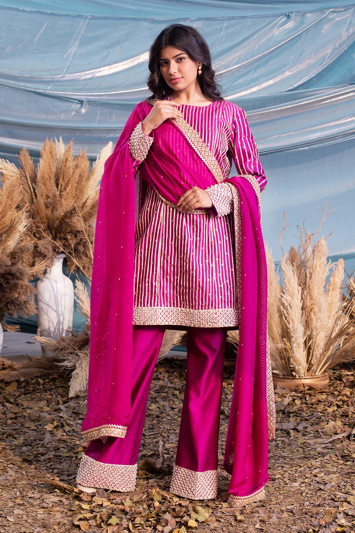 our exquisite Ruby-colored Chanderi kurti set