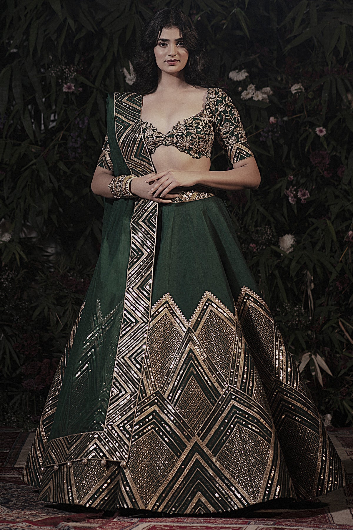 A emerald green raw silk lehenga