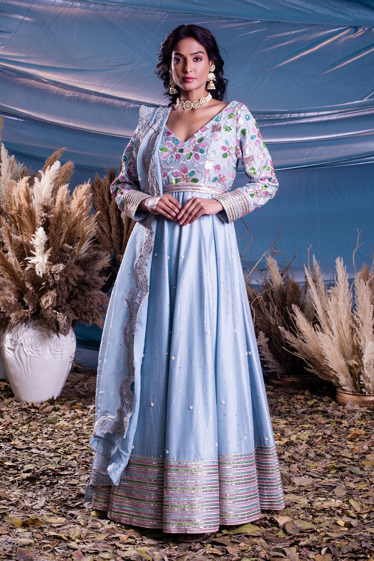 Ice Blue Chanderi Anarkali