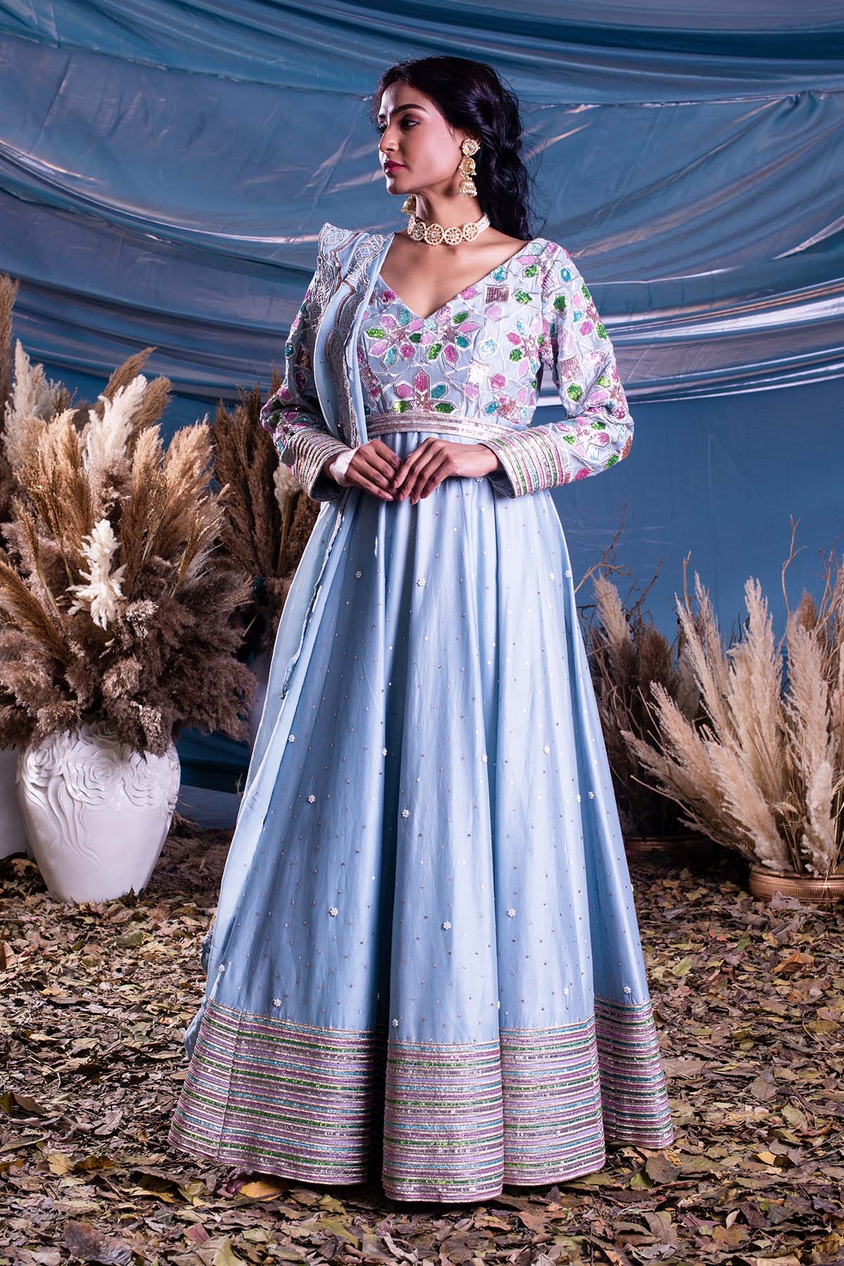 Ice Blue Chanderi Anarkali