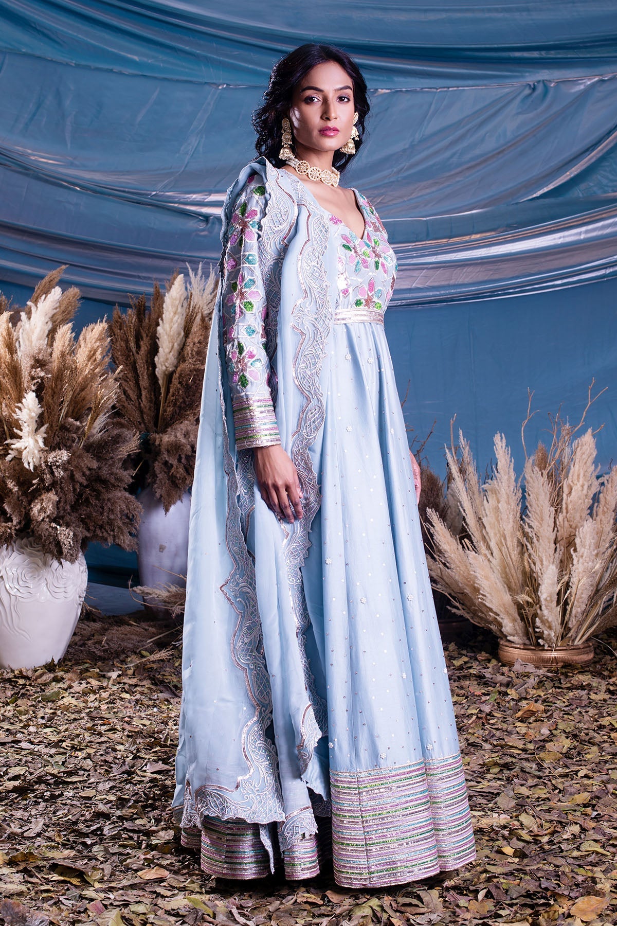 Ice Blue Chanderi Anarkali