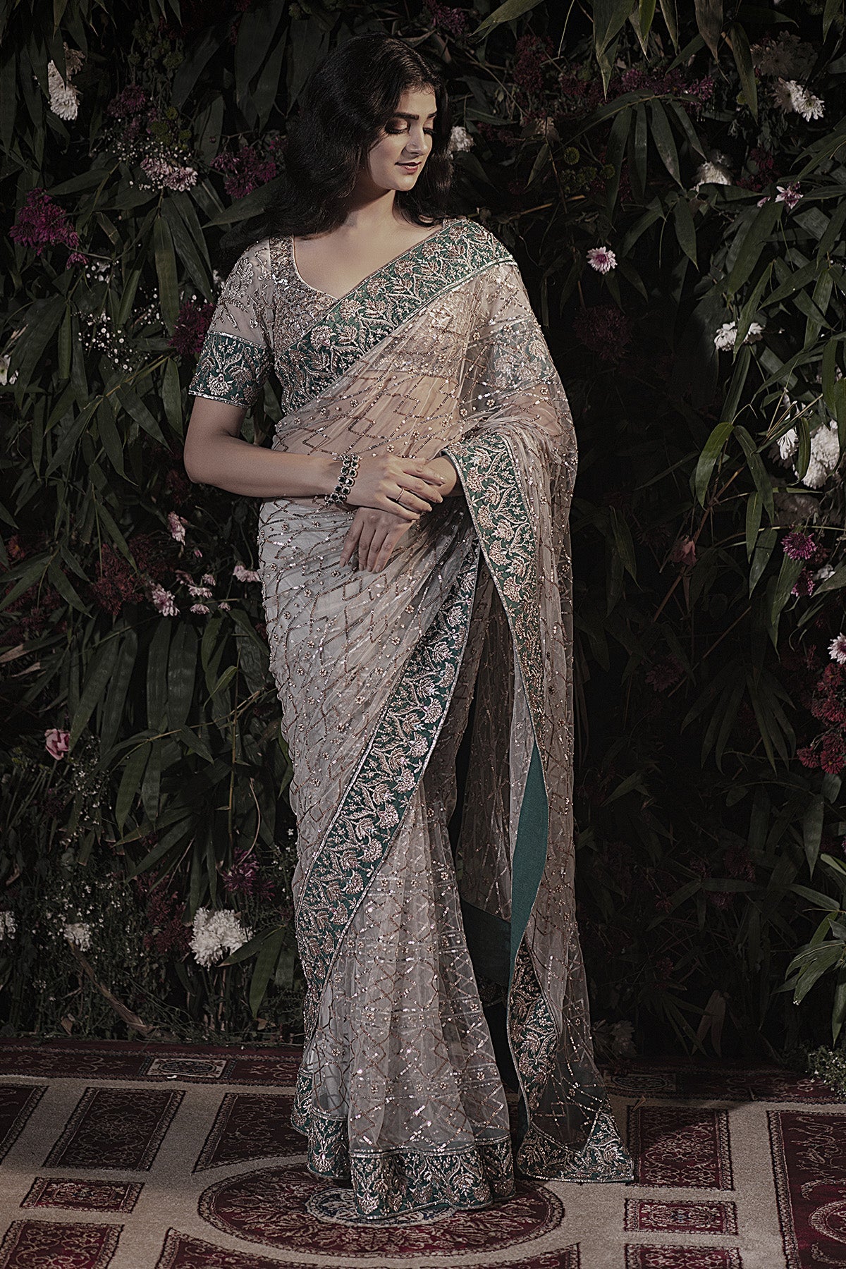  Ice blue and teal border tulle saree