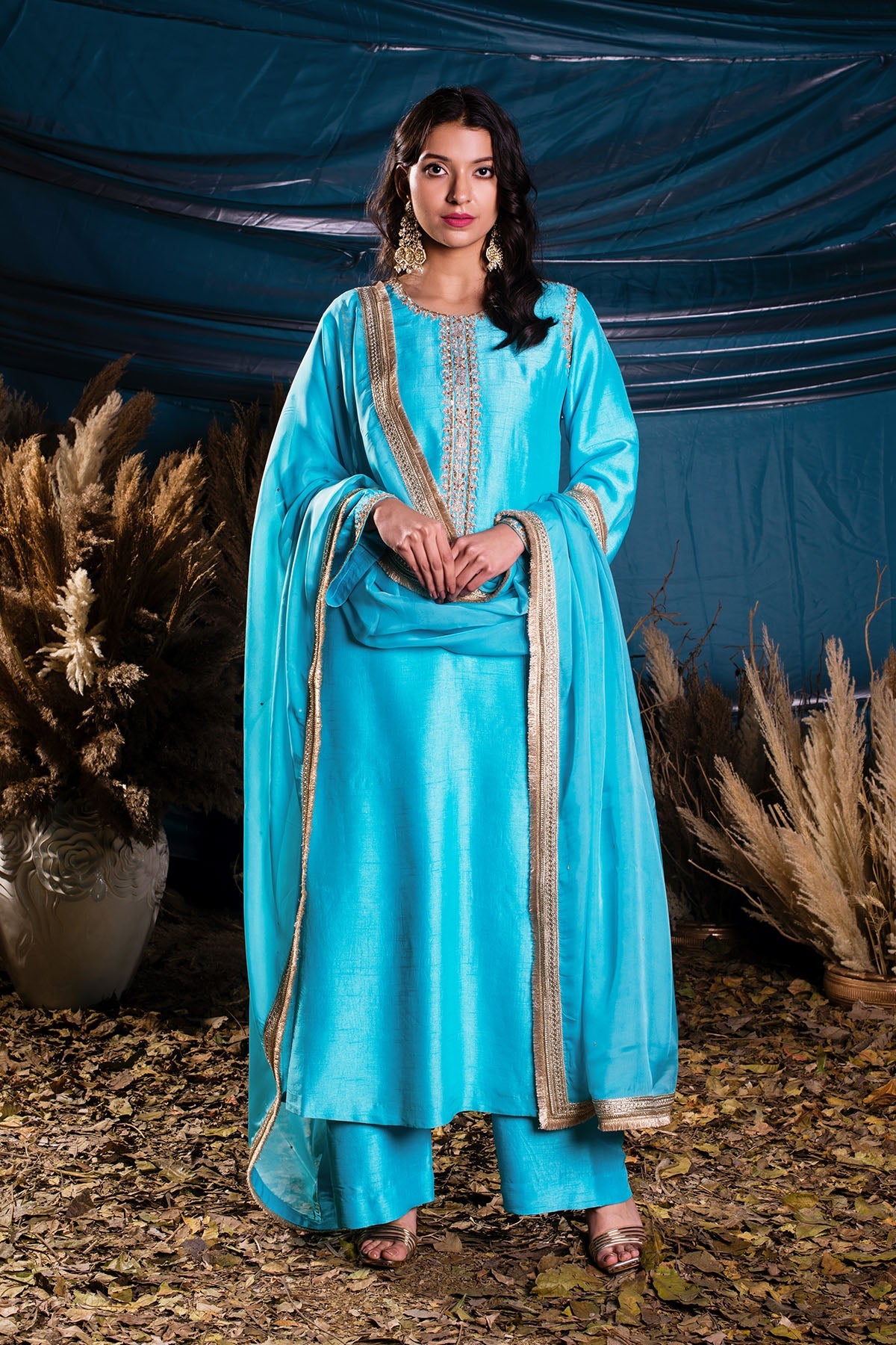 Deep Sky Blue Chanderi A-line Kurti With Pants