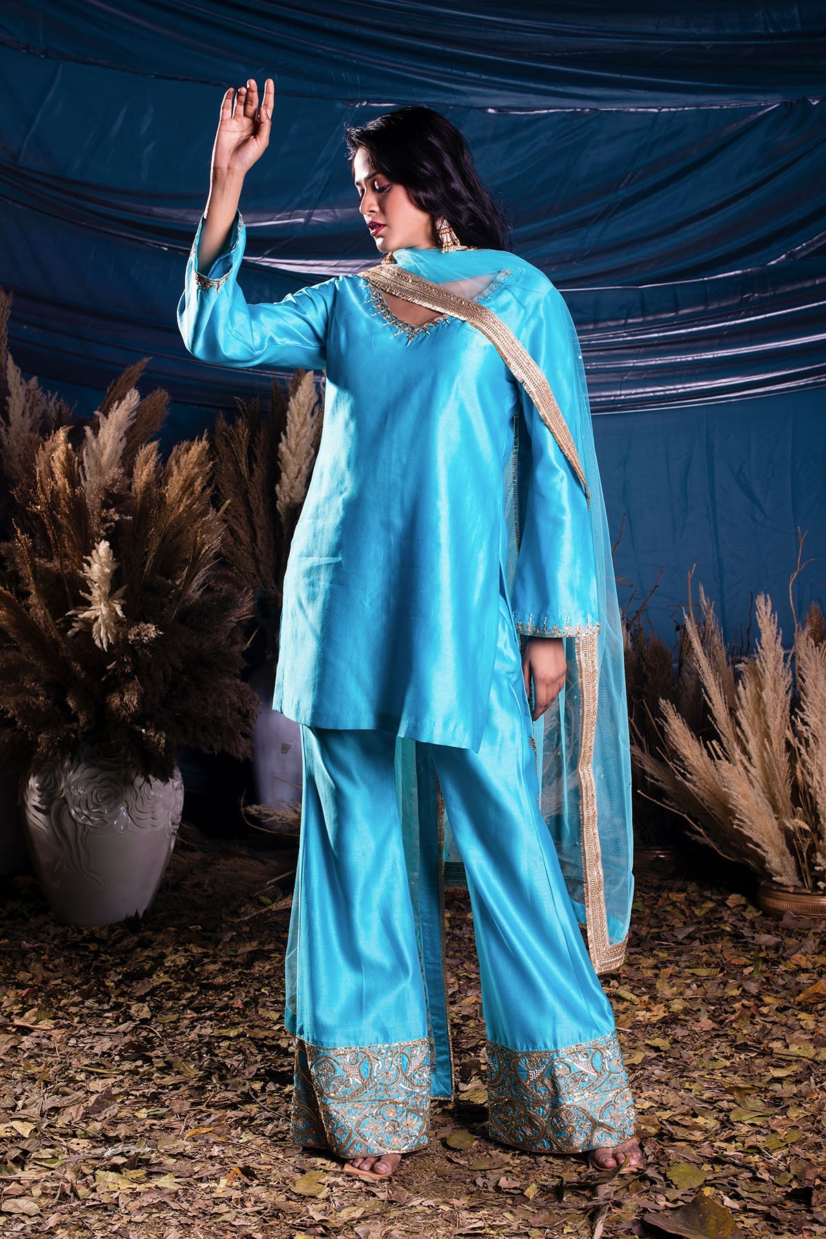 Deep Sky Blue Chanderi A-line Kurti With Pants