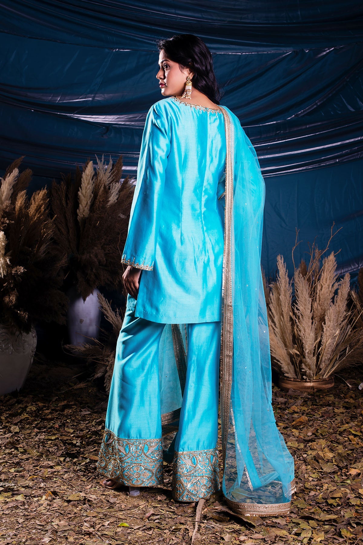 Deep Sky Blue Chanderi A-line Kurti With Pants