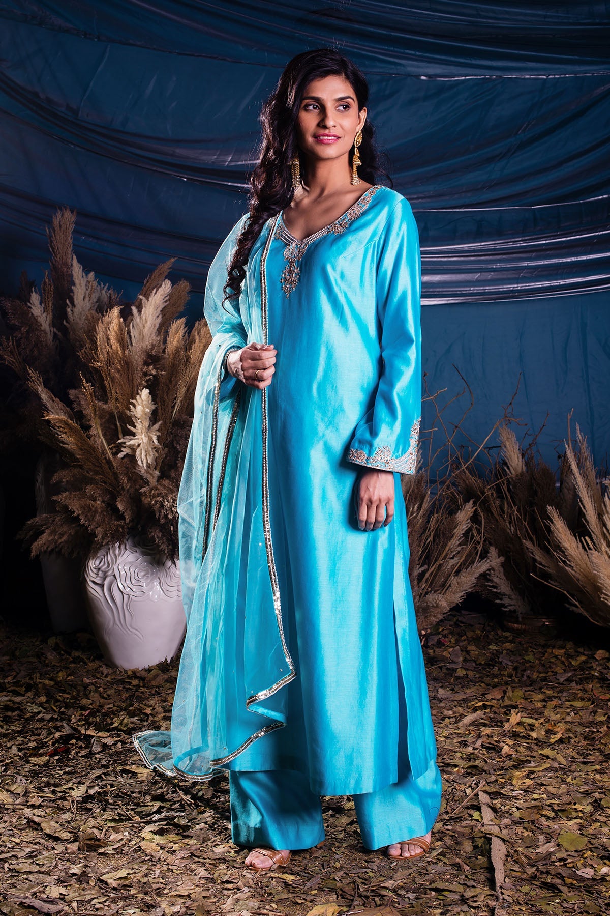 Deep Sky Blue Chanderi A-line Kurti With Pants