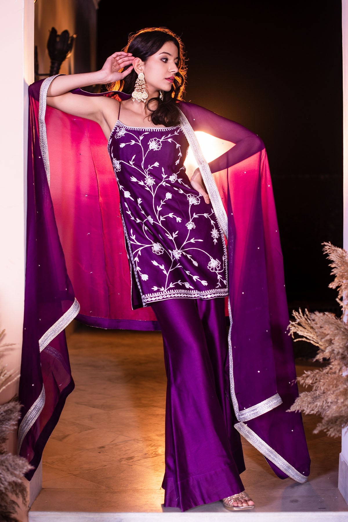 Purple Chanderi Kurti And Pants