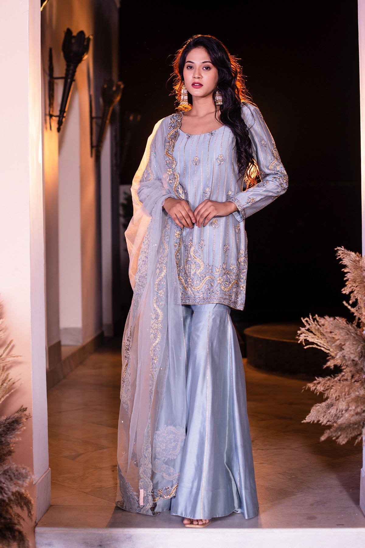 Pigeon Blue Kurti Gharara Set